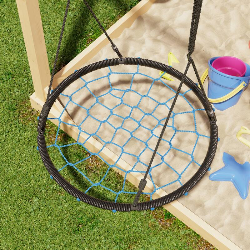 8-in-1 Cedar Wood Outdoor Playset for Backyard, Kids Swing Set with Climbing Wall, Monkey Bars, Basketball Hoop & Sand Box