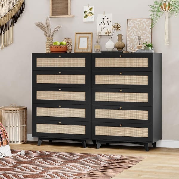 black rattan dresser 9 drawer Rhian Coastal Natural Woven Cane Black Mango Wood 9 Drawer Dresser