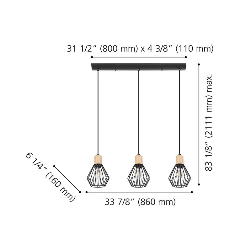 Palmorla - 3-Light Pendant - Structured Black Finish with Wood Accent - 31.50"L X 2.00"W X 8.50"H