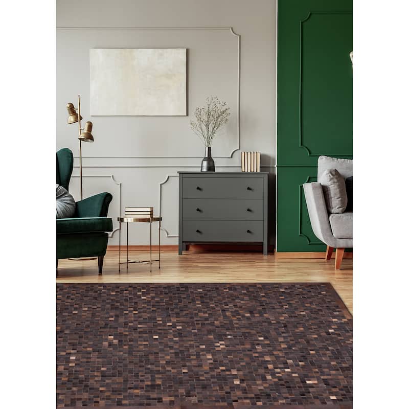 ECARPETGALLERY Handmade Cowhide Patchwork Dark Brown Leather Rug - 8'1 x 10'0