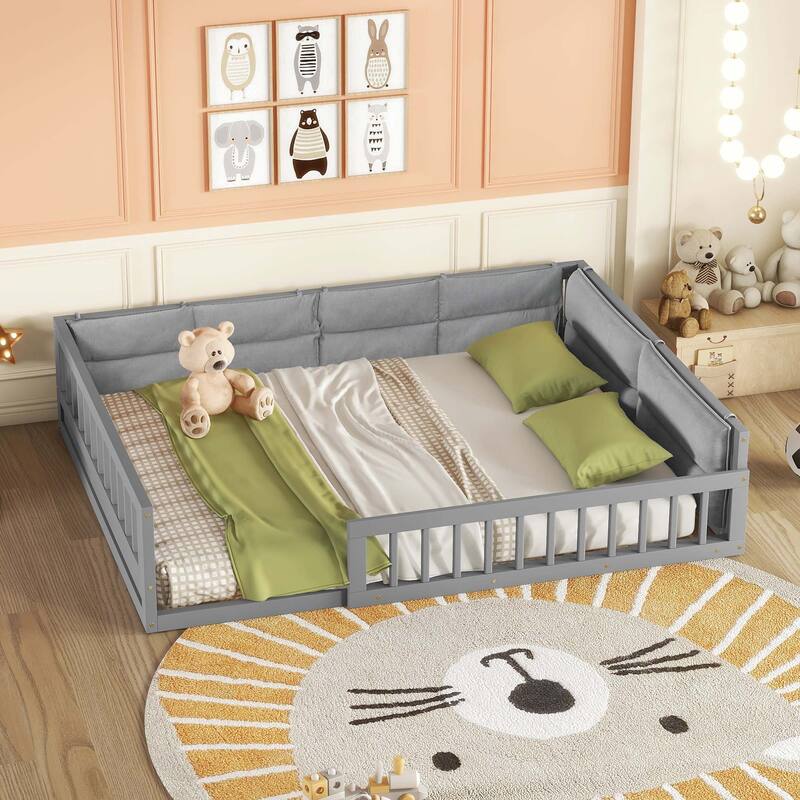 Upholstered Platform Bed with Guardrail and Pillow