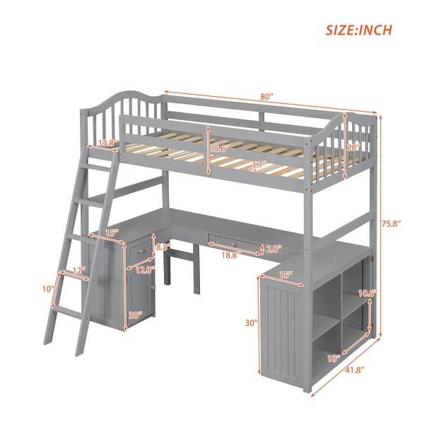 dimension image slide 0 of 2, Twin Loft Bed with Desk, Drawers, Shelves, and Cabinet - Space-Saving Furniture