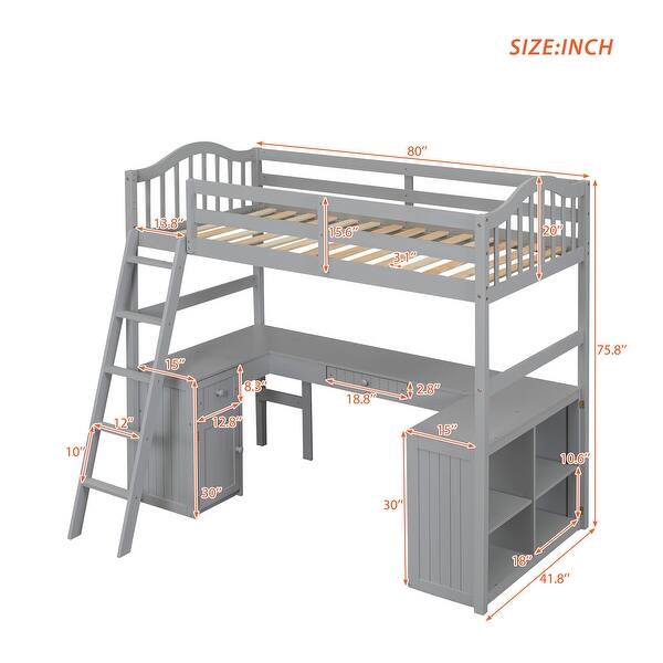 Twin size Loft Bed with Drawers, Cabinet, Shelves and Desk, Grey