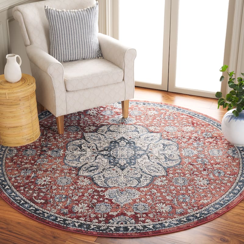 SAFAVIEH Rosewood Hajrie Traditional Oriental Rug - 6'7" Round - Ivory/Red