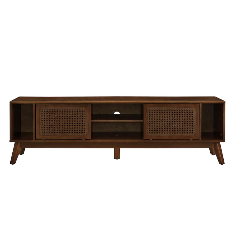 Mid Century Modern Rattan TV Stand Entertainment Center for TVs up to 75", Sliding Doors Television Cabinet TV Console