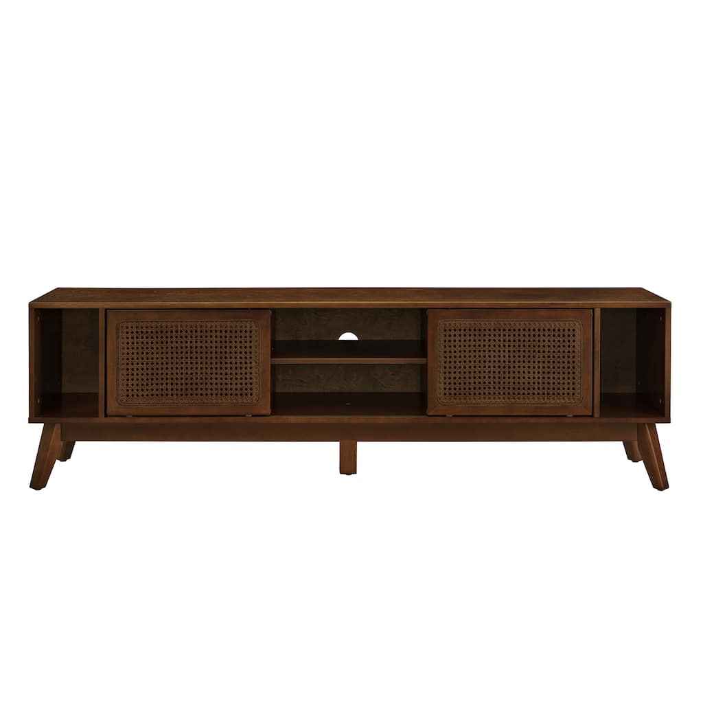 Mid-Century Modern Rattan TV Stand for TVs up to 75" with 2 Sliding Doors and Solid Wood Legs, for Living Room, Walnut