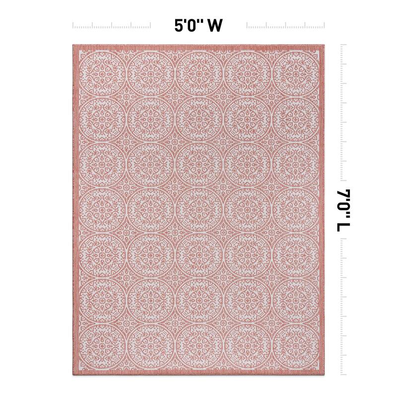 World Rug Gallery Transitional Floral Circles Textured Flat Weave Indoor/Outdoor Area Rug