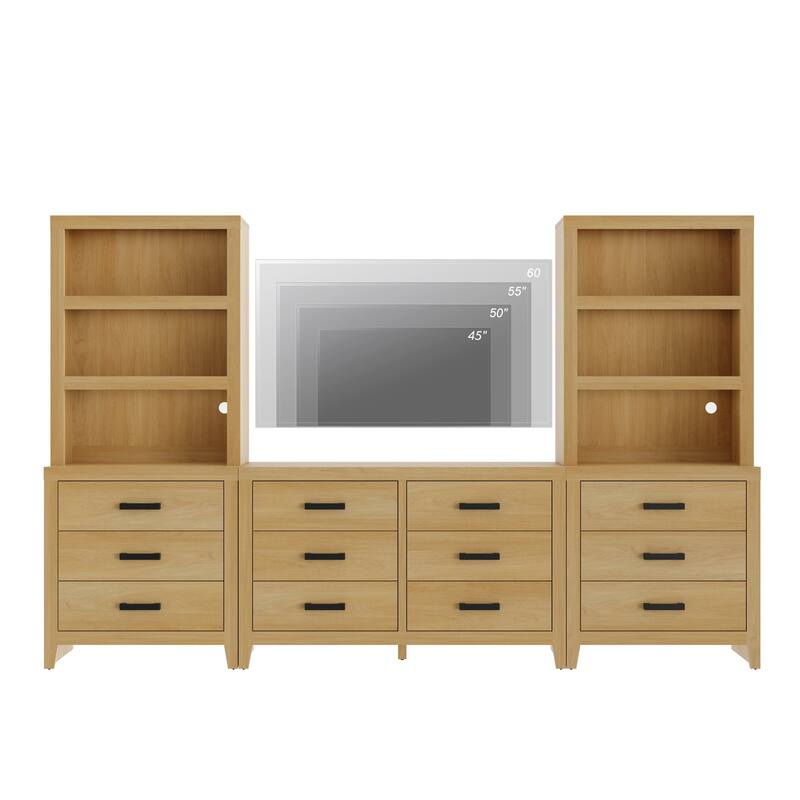 WAMPAT Farmhouse Entertainment Center with Bookshelves, Media Console & Storage Drawers