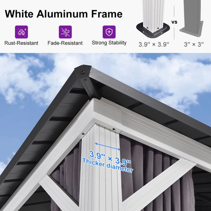 PURPLE LEAF Patio Hardtop Gazebo for Outdoor Grey Galvanized Steel Double Roof White Aluminum Poles