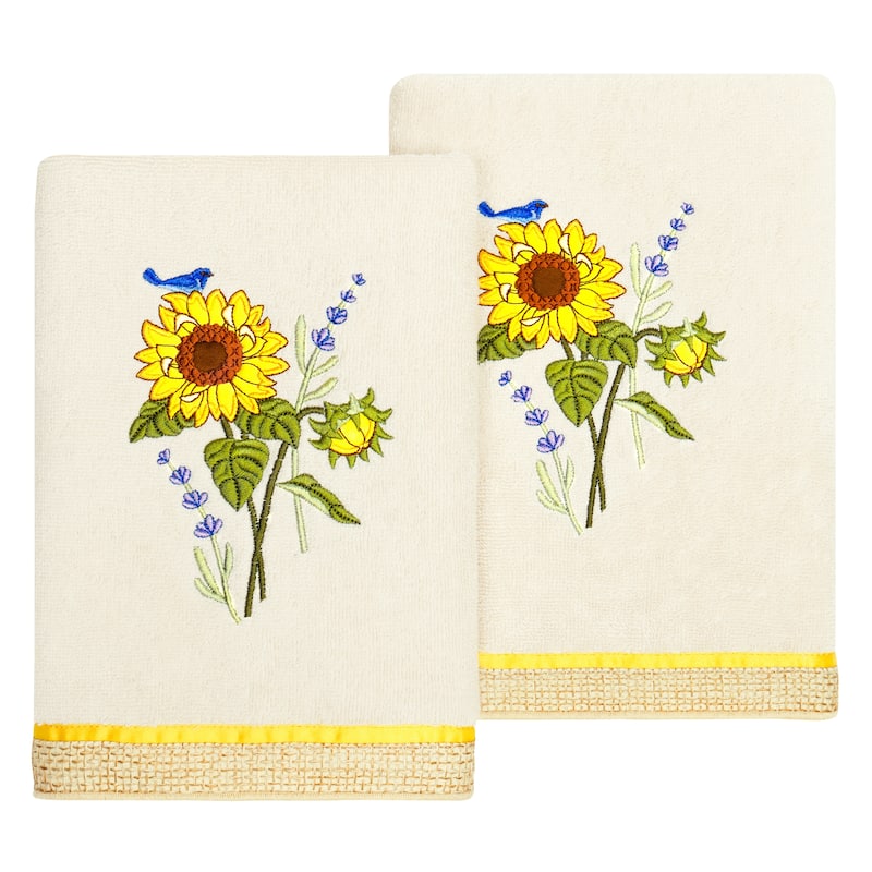 Authentic Hotel and Spa 100% Turkish Cotton Girasol 2PC Embellished Hand Towel Set - Beige