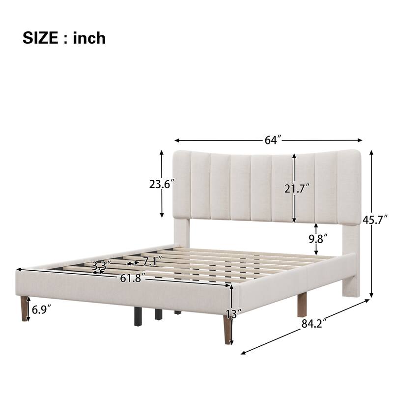 Queen Upholstered Platform Bed Frame with Vertical Channel Tufted