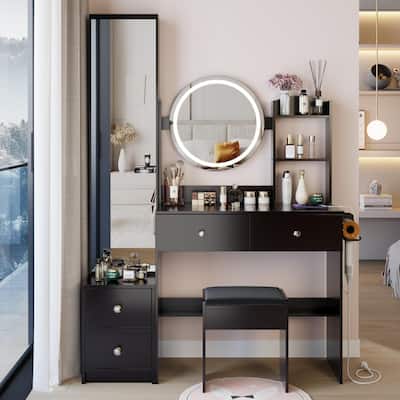 Full Body Mirror Cabinet +Round Mirror LED Vanity Table +Cushioned Stool,With 2 AC + 2 USB Power Station,17"Diameter LED Mirror