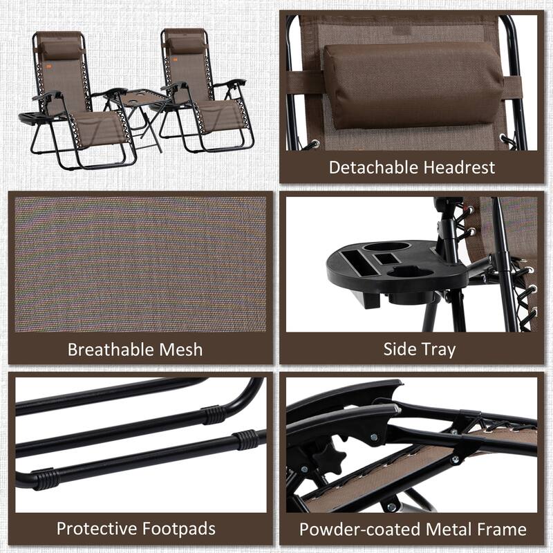 Outdoor Zero Gravity Chairs with Side Table, Set of 2 Folding Reclining Chairs with Cupholders & Pillows