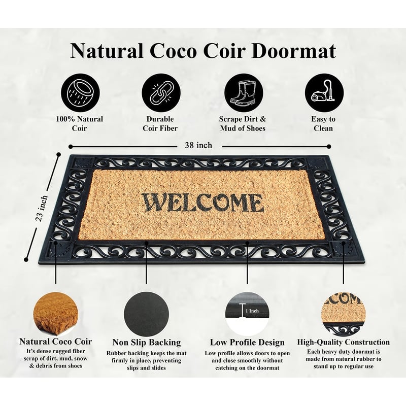 A1HC Welcome Rubber Paisley Border Outdoor Double Doormat 23X38 Black