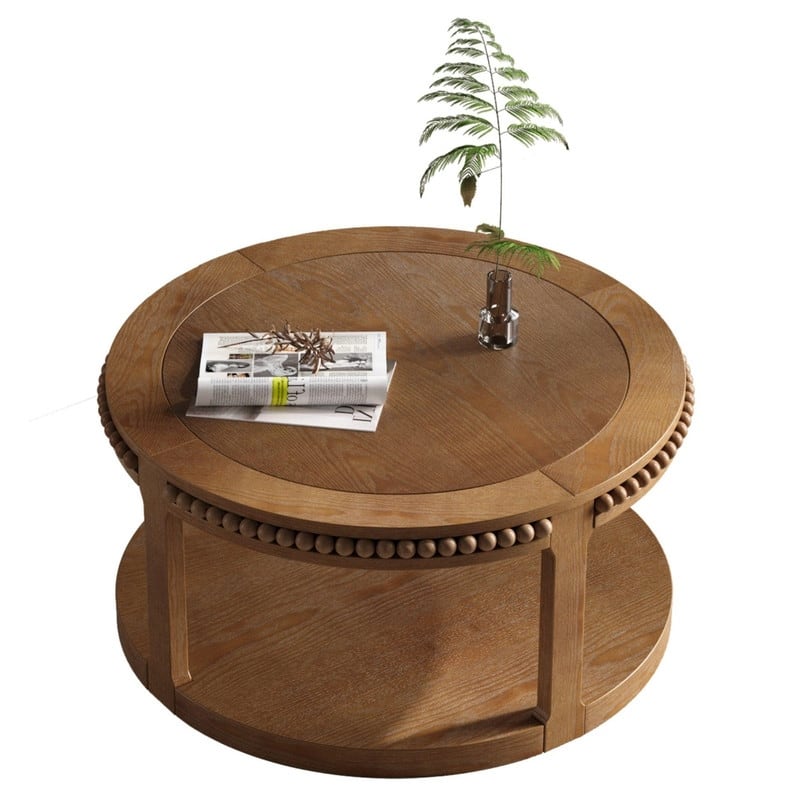 Round Solid Wood Coffee Table, Two-Tier Design with Sturdy Construction for Living Room Elegance