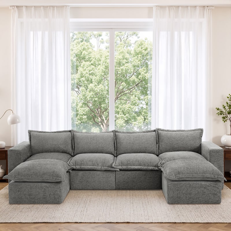 Chenille No Assembly Modular Sectional Sofa Cloud Couch with Ottoman - Grey-6Piece