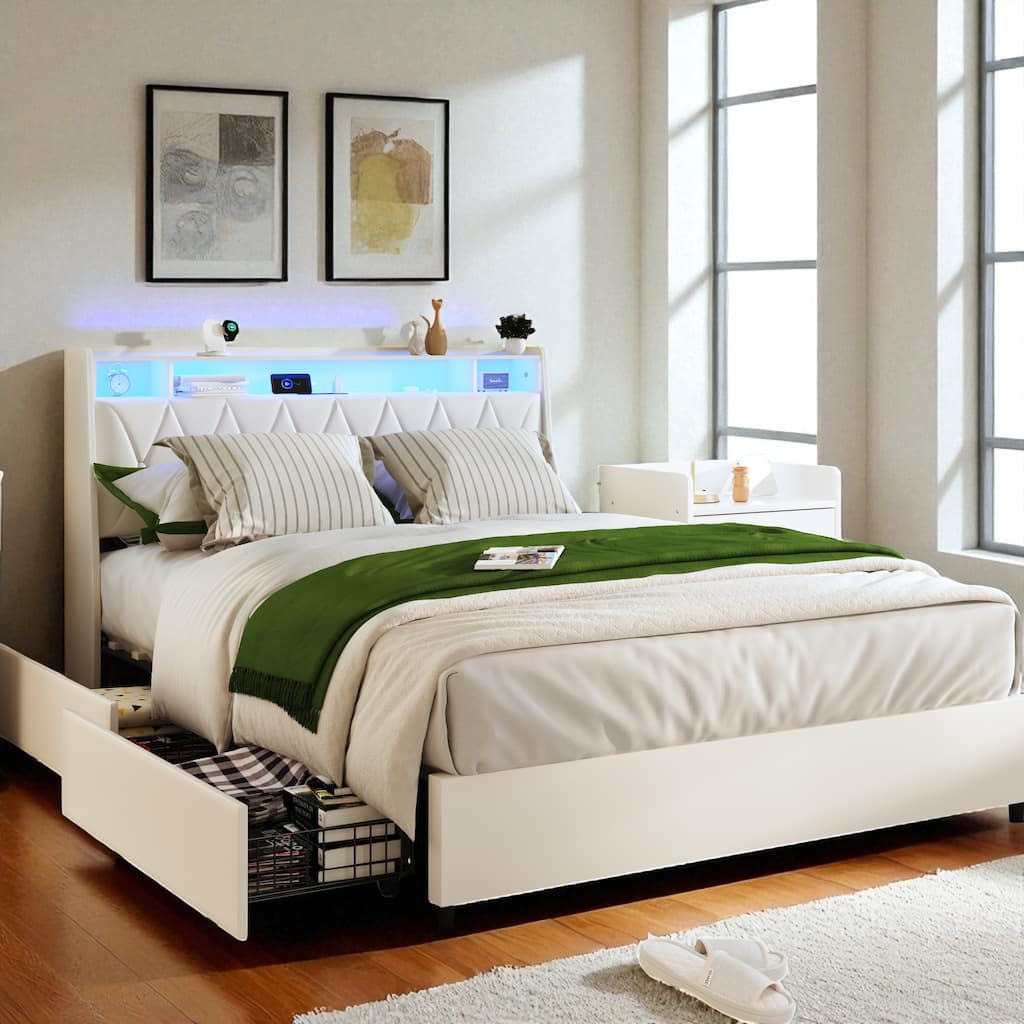 Full/Queen Size Platform Bed Frame with LED Lights, USB Ports, Outlets, Storage Shelf and Ergonomic Headboard