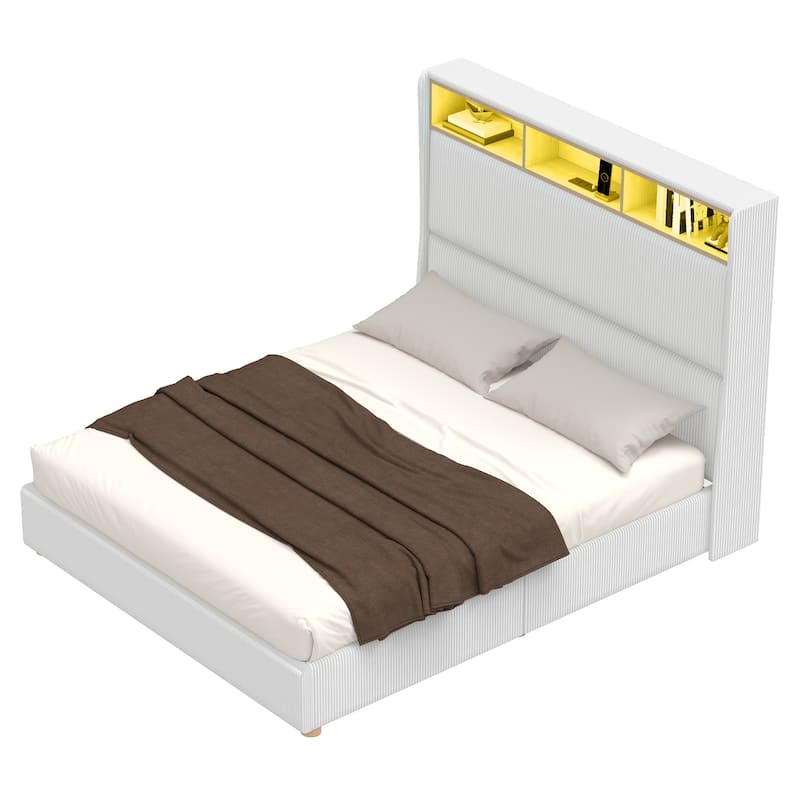 53'' Tall Storage Wingback Headboard, Corduroy Upholstered Platform Bed Frame with Charging Station and RGB LED Lights