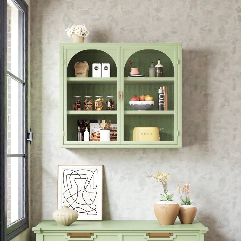 27.56" Modern Glass Door Wall Cabinet with Woven Pattern, 3-Tier Storage Iron and Tempered Glass Cabinet - Green