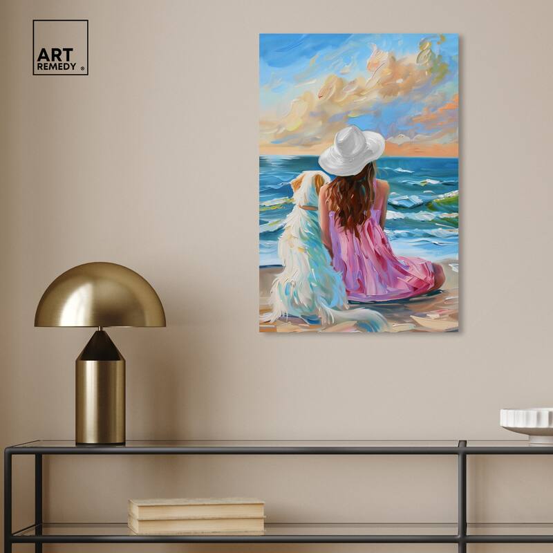 Art Remedy Girl And Her Best Friend Gallery Wrapped Colorful Coastal 1 Piece Canvas Wall Art
