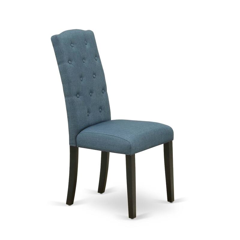 East West Furniture Dinette Set- a Round Kitchen Table and Mineral Blue Linen Fabric Chairs, Black & Cherry (Pieces Options)