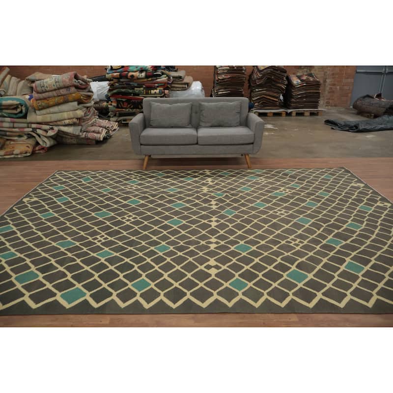 Hand Woven Oriental 100% Wool Carpet Southwestern Tribal Greys & Charcoal Kilim Area Rug - 12' 1'' X 8' 8''