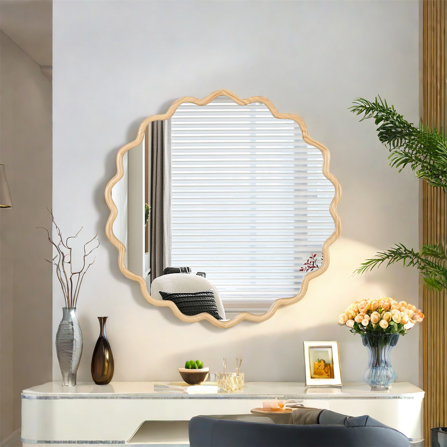 2025新発 Solid-Wood-Wavy-Mirror-Natural インテリア雑貨
