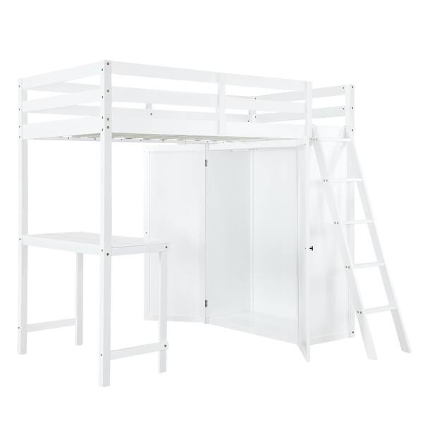 slide 2 of 53, Loft Bed with Built-in Desk, Shelves & Storage Wardrobe White - Twin