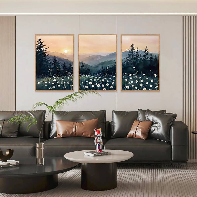 Misty Pine Tree Wall Decor, Nature Mountain Flower Wall Painting