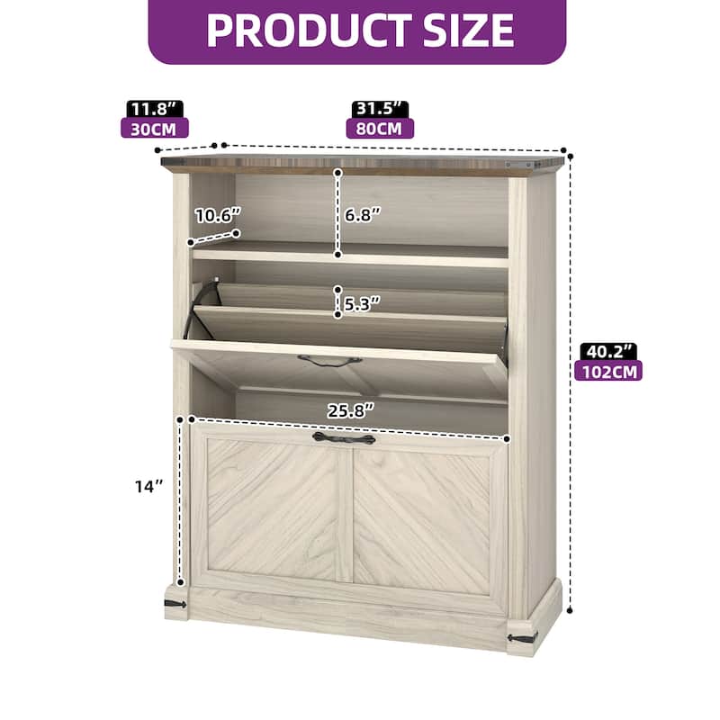 Moasis Farmhouse 16 Pairs Shoe Storage Cabinet with 2 Drawers Adjustable Shelves