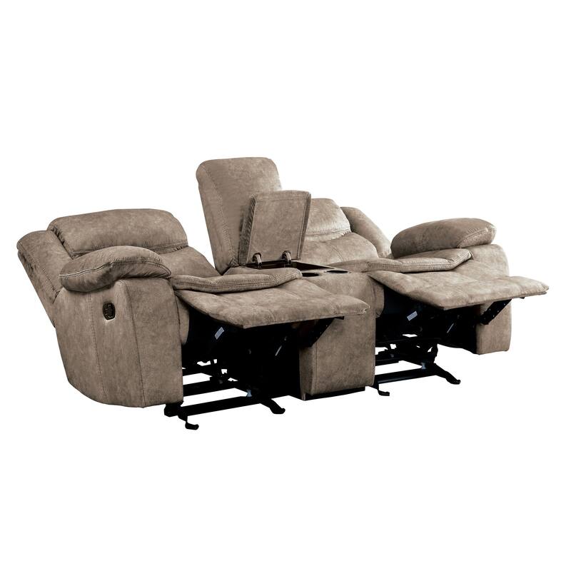 Joe 79 Inch Manual Dual Glider Recliner Loveseat, Console, Brown Microfiber