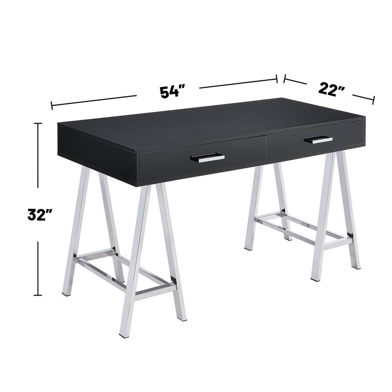 2 Drawers Writing Desk with Metal Base, Black High Gloss and Chrome