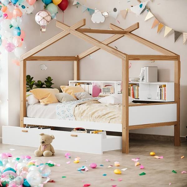 slide 2 of 10, Twin House Bed with Storage Drawers & Shelves, White/Natural