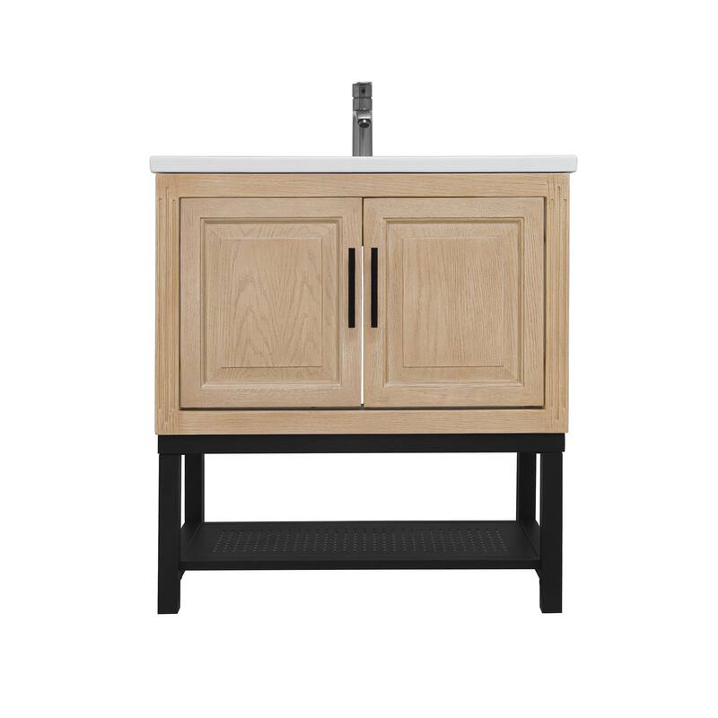 32" Bathroom Vanity with White Ceramic Sink & Hot and Cold Faucet, Freestanding Bathroom Cabinet with 2 Storage Doors
