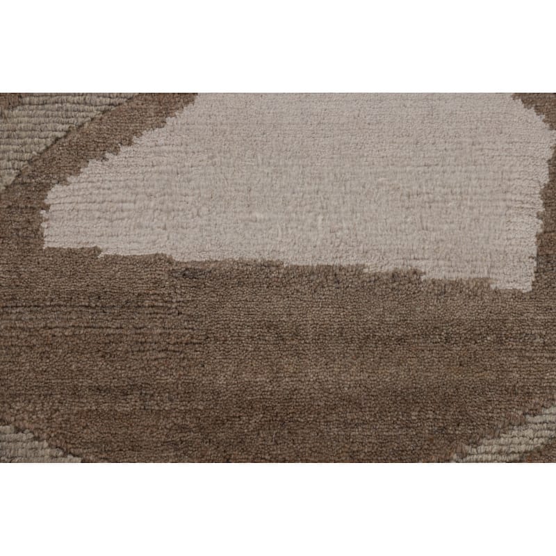 Geometric Modern Oriental Area Rug Handmade Beige Wool Carpet - 9'0" x 11'8"
