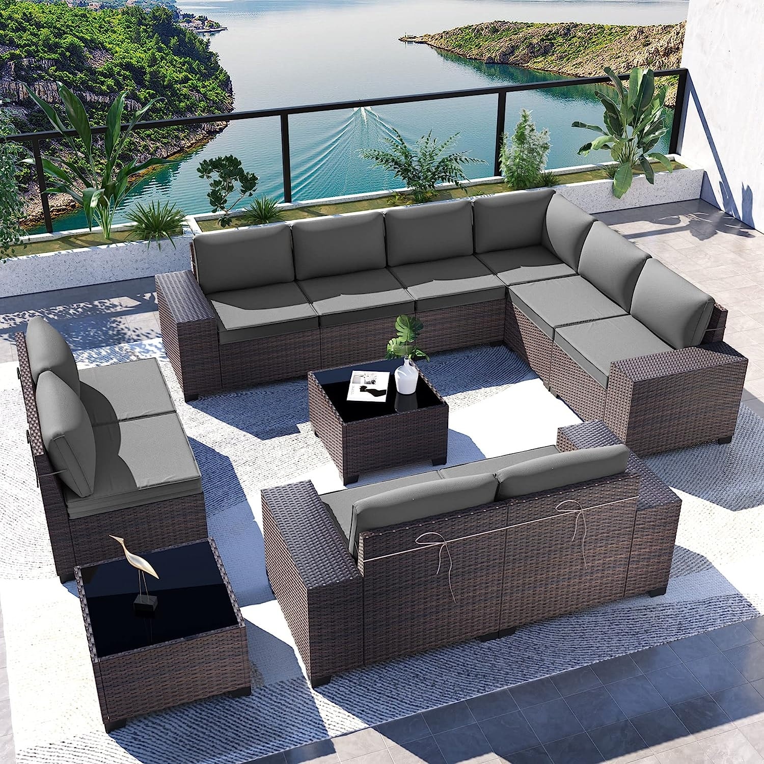 Kullavik 12 Pieces Outdoor Patio Furniture Set Sectional Rattan Sofa Set with Tempered Glass Table Bed Bath Beyond 38398277
