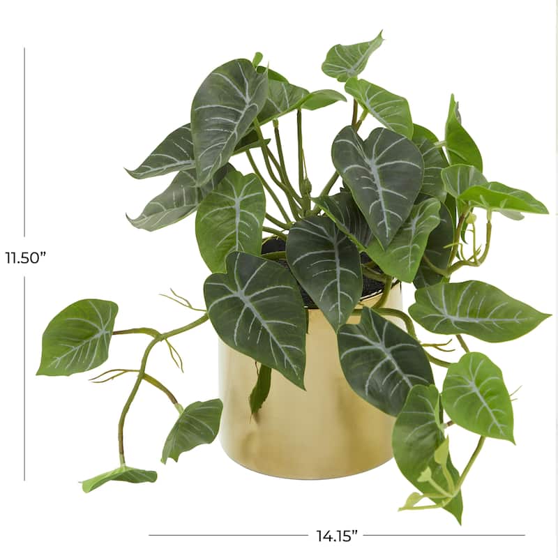 Green Faux Foliage Pothos Artificial Plant with Realistic Leaves and Gold Porcelain Pot