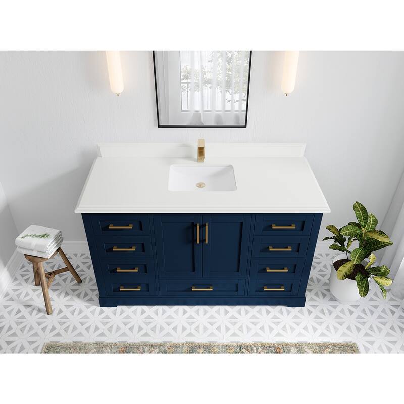 Willow Collection 60 in W x 22 in D x 36 in H Boston Single Bowl Sink Bathroom Vanity with Countertop - 1.5"White - Navy Blue