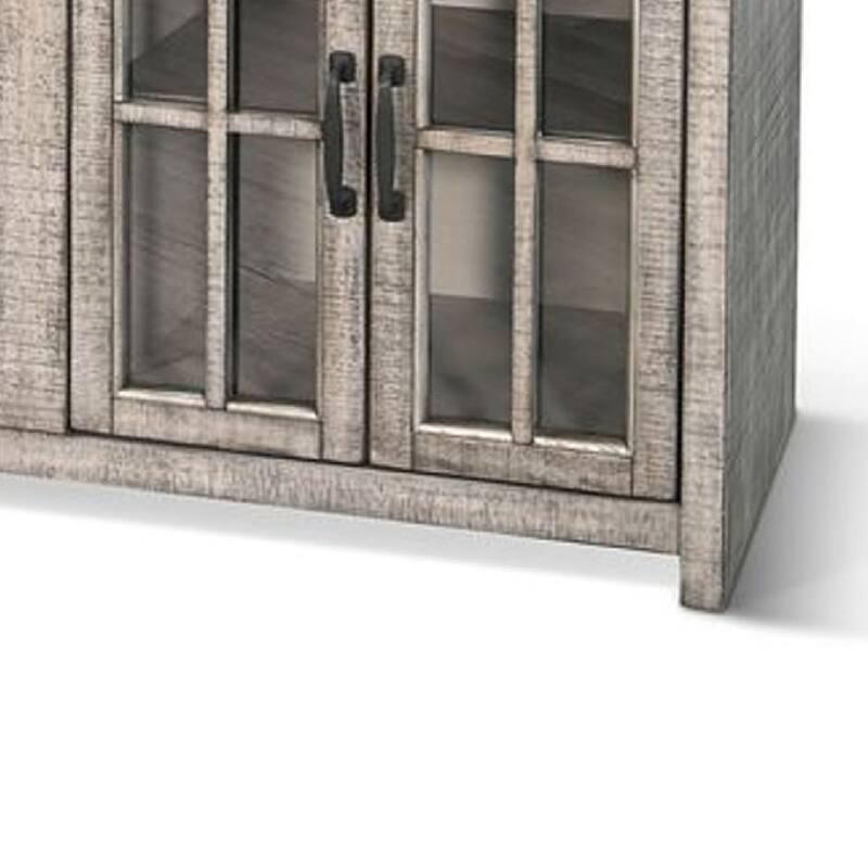 Zeka TV Media Console, 98 Inch w 2 Glass Cabinets, Gray Mahogany Wood