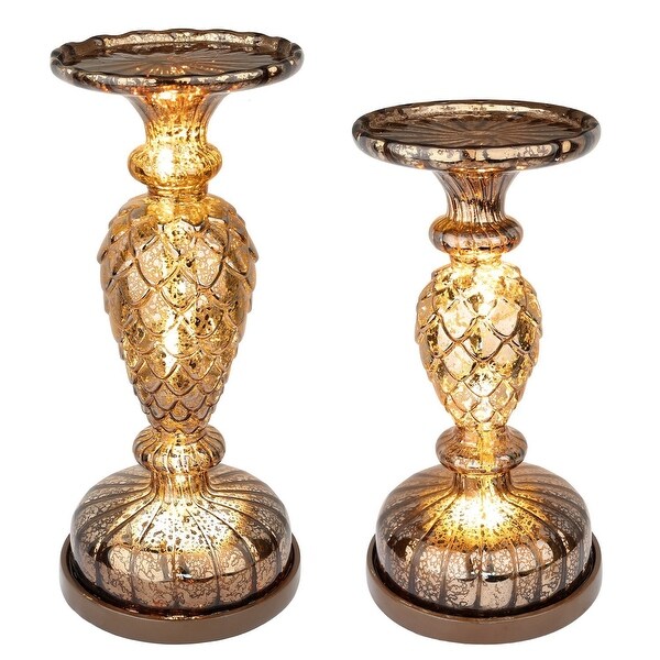 2 Lit Pillar / Handmade Mercury Glass / Pinecone / Pedestals Candle Centerpiece Holders with Micro LED Lights - Silver