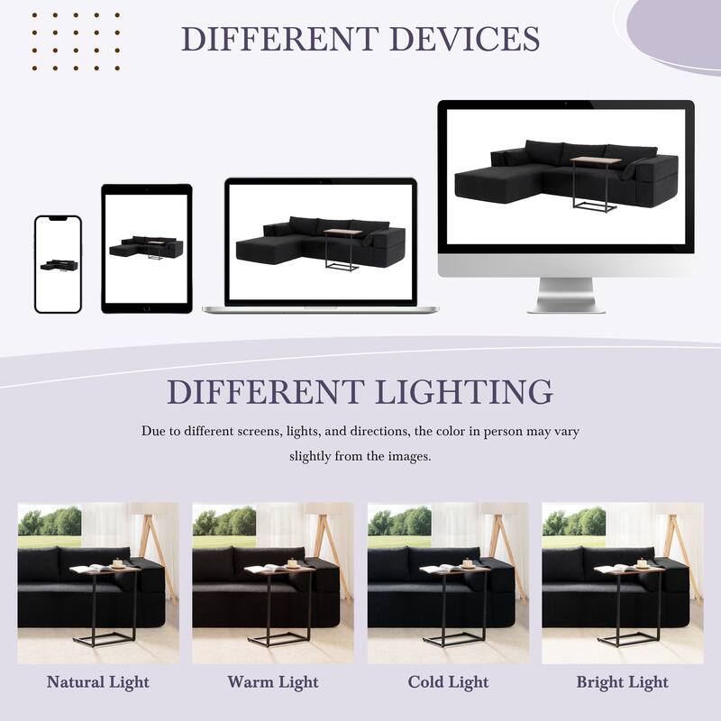 Modular Sectional Sofa with Side Table, Upholstered Cloud Sofa with L-Shaped Chaise Lounge, Full-Compressed Deep Seat Sofa