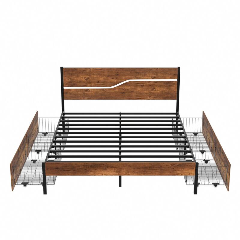 VECELO Upholstered Platform Bed Frame with 4 Storage Drawers, Full/Queen Size