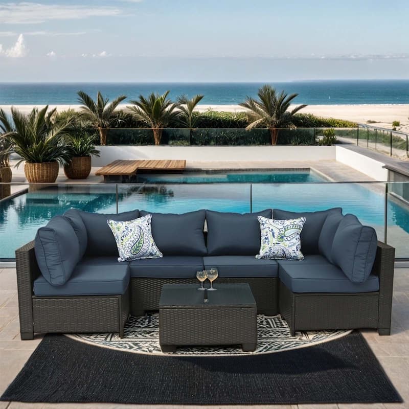 7-Piece PE Rattan Wicker Outdoor Patio Sectional Sofa Set with Cushions and Coffee Table