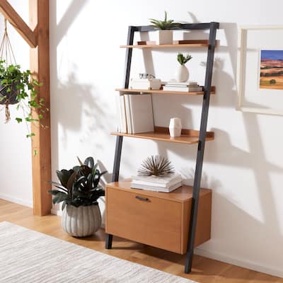 SAFAVIEH Vlad Natural/Charcoal 3-Shelf 1 Door Etagere - 32" W x 15.4" L x 72" H