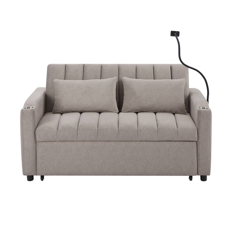 55.9" Convertible Sofa Bed Loveseat Sofa with Three USB Ports, Two Side Pockets, Two Cup Holders and 360°Swivel Phone Holder