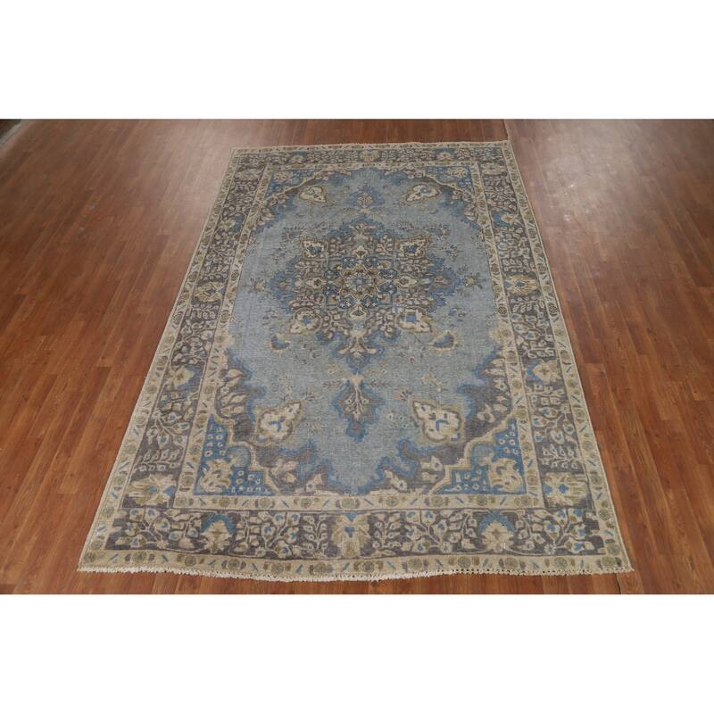 Hand Knotted Oriental 100% Wool Carpet Traditional Floral Navy Blue & Blues Tabriz Area Rug - 9' 5'' X 6' 5''