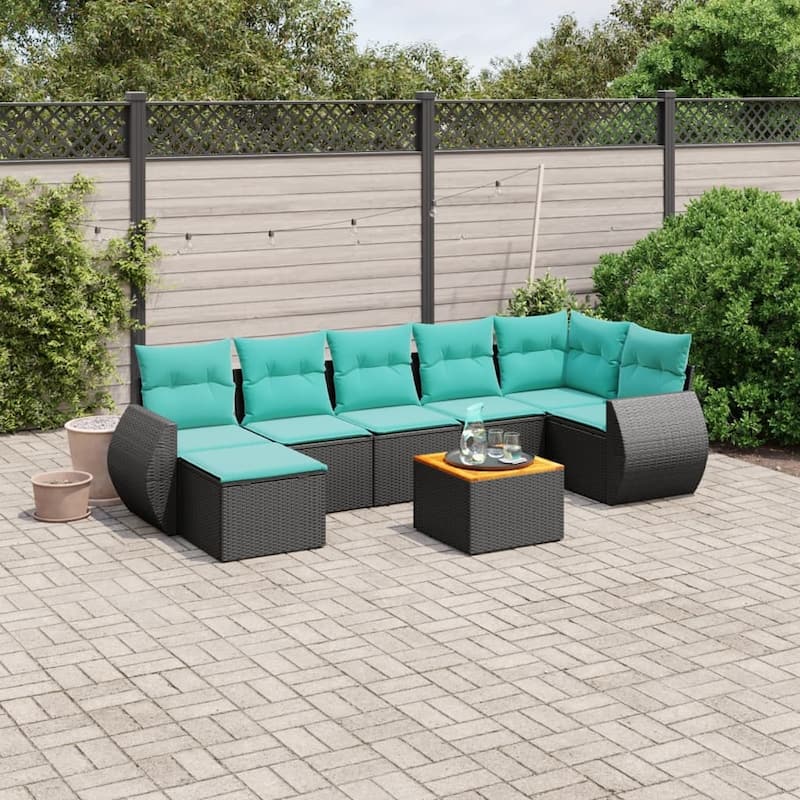 vidaXL 8 Piece Patio Sofa Set with Cushions Black Poly Rattan - 24.4 x 24.4 x 27.2 - Black-Table + corner + 3x middle