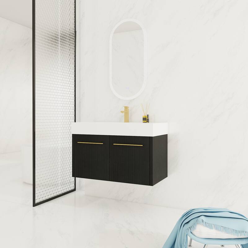 Modern Bathroom Vanity with Resin Sink, Soft-Closing Hinges, Eco-Friendly Plywood Base, Black Chestnut Finish - 35.4in L Plywood