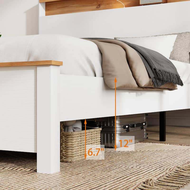 Classic White Low Profile Bed Rustic Farmhouse Platform Bed Frame with Storage Headboard Built-in Charging Station, Touch Light