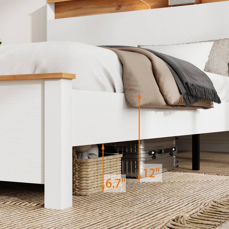Rustic Farmhouse Bed Frame with Storage Headboard, LED Lights, and Charging Station